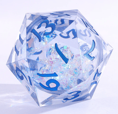 Hymgho Dice: 55mm D20 Sharp Edged Resin Astral Flux Opal Blue Ink HY00270